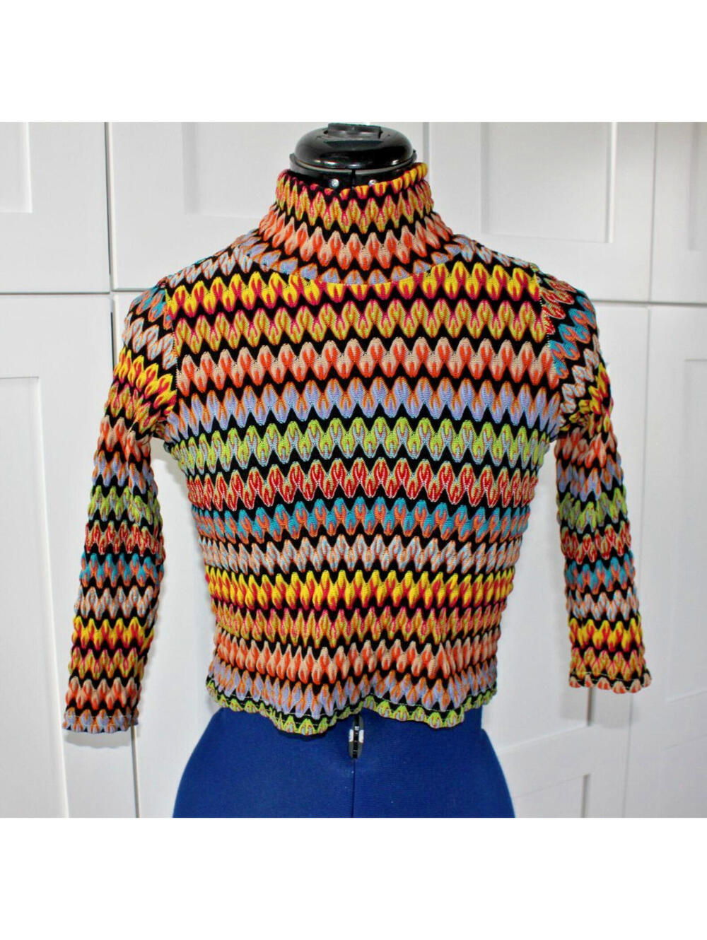 Vintage 90s Malley Sport Multi-Color Cropped Mock Neck 3/4 Sleeve Top